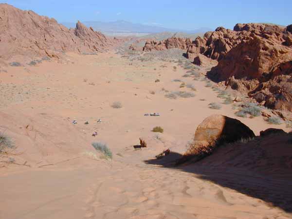 down the dry gully